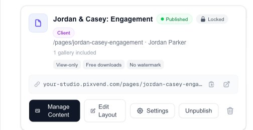 The page's card: Published, Locked, Client, 1 gallery included, View-only, Free downloads, No watermark, and its link
