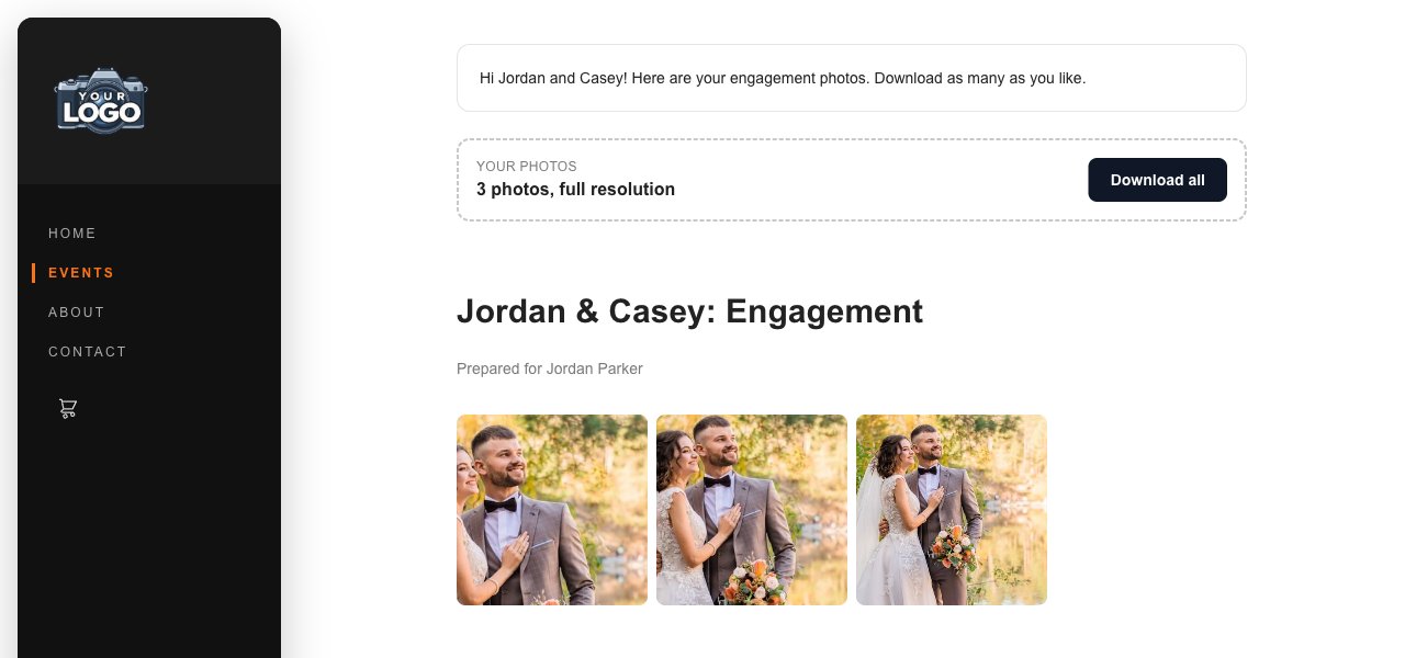 What the client sees: the welcome message, a Download all button, and their three photos without a watermark