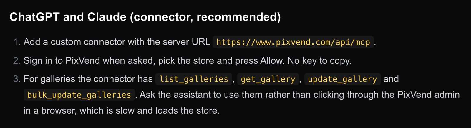 The Seller API docs: ChatGPT and Claude connector steps, the server URL https://www.pixvend.com/api/mcp and the gallery tools list_galleries, get_gallery, update_gallery and bulk_update_galleries