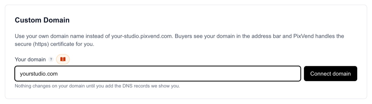 Store Settings, Custom Domain: the Your domain box with yourstudio.com typed in and the Connect domain button