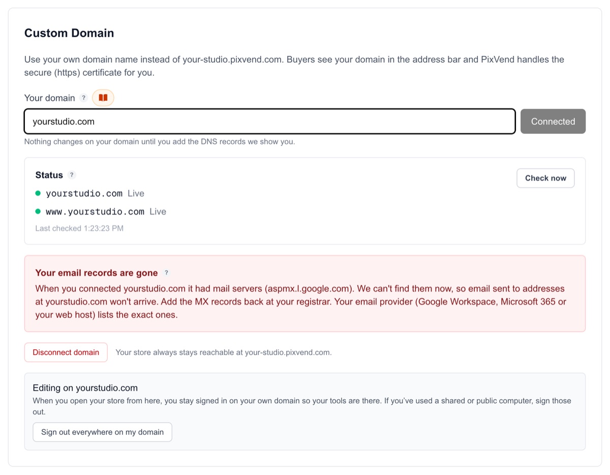 Custom Domain: a red box saying Your email records are gone, with the mail servers the domain had when it was connected