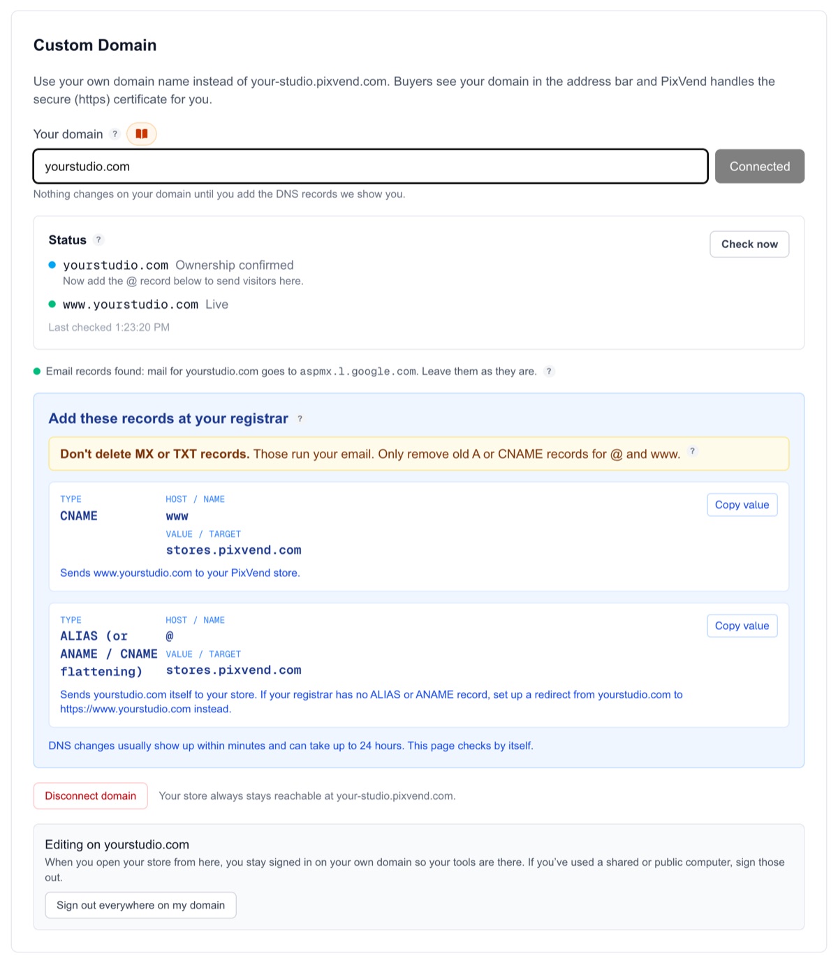 Custom Domain: www.yourstudio.com is Live and yourstudio.com shows Ownership confirmed, with the @ record still to add