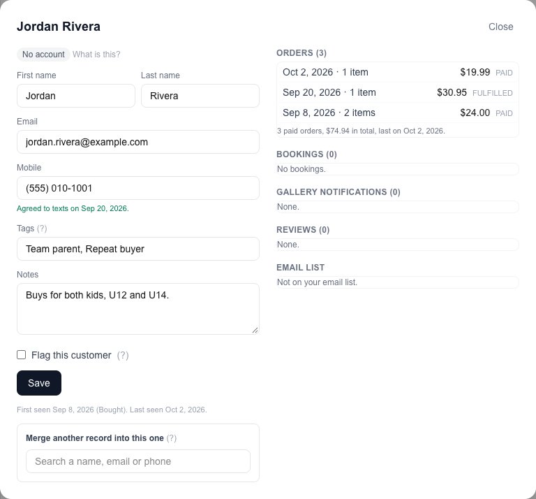 One customer: name, email and mobile, agreed to texts, tags, notes, Flag this customer, Save, their three orders, bookings, gallery notifications, reviews, email list, and Merge another record into this one