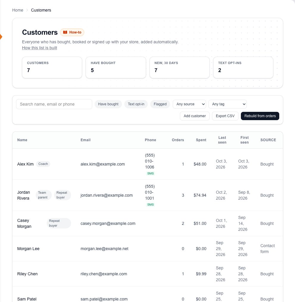 The Customers page: customers, have bought, new in 30 days and text opt-in counts, filters, Add customer, Export CSV and Rebuild from orders, and the list with tags, orders, amount spent and where each person came from