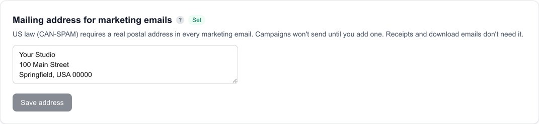 Mailing address for marketing emails, filled in with the store's postal address