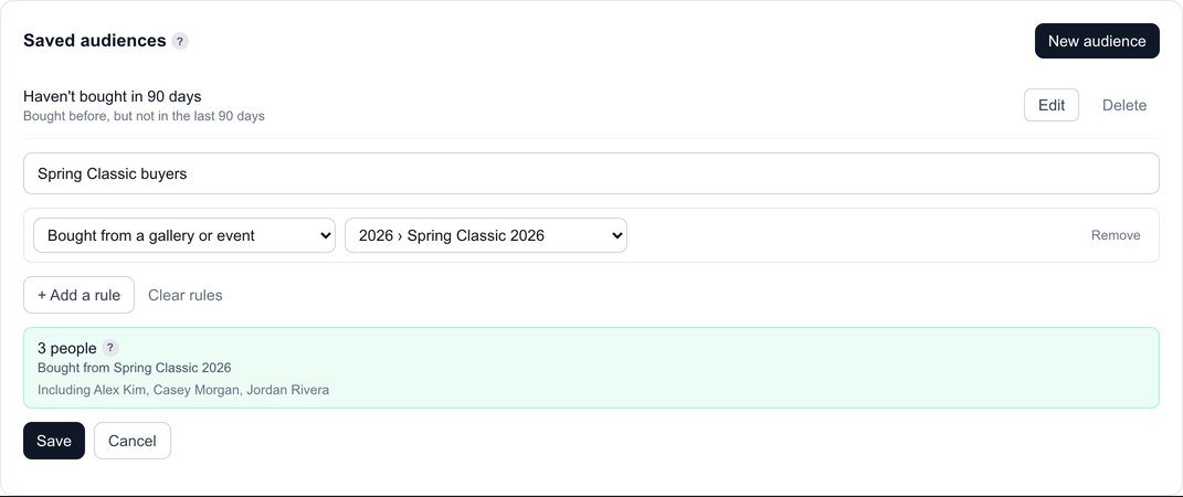 A saved audience being edited: Bought from a gallery or event, Spring Classic 2026, with a live count of 3 people