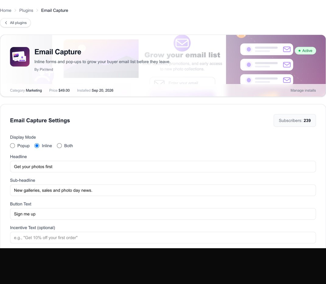 Email Capture settings: inline or popup, the headline and button, and Ask new signups to confirm by email (double opt-in), with a preview