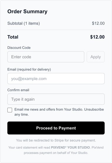 The store's cart: the email fields and an unticked box, Email me news and offers from Your Studio. Unsubscribe any time.