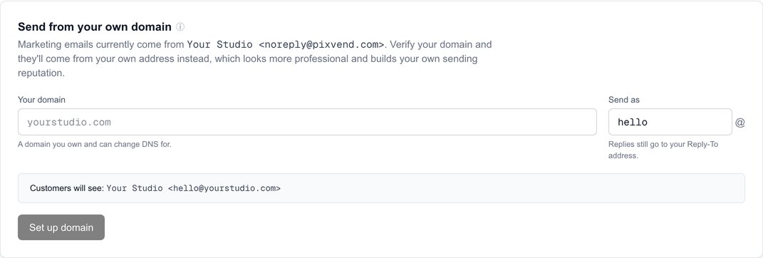 Send from your own domain: type your domain and add the records it shows you
