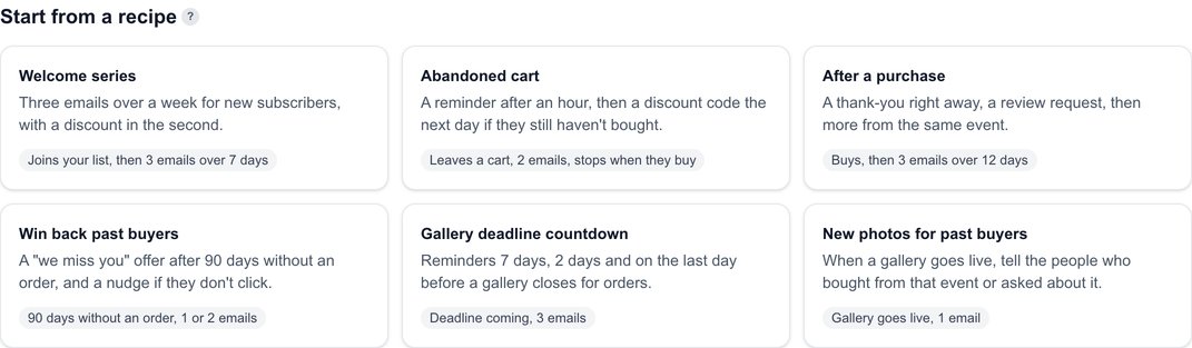 Start from a recipe: Welcome series, Abandoned cart, After a purchase, Win back past buyers, Gallery deadline countdown and New photos for past buyers