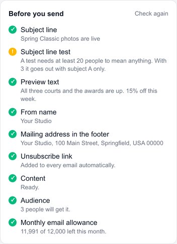 Before you send: every check is green, including the mailing address, the unsubscribe link, the audience and the monthly allowance