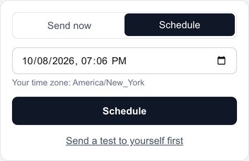 Schedule chosen: a date and time in your time zone and the Schedule button