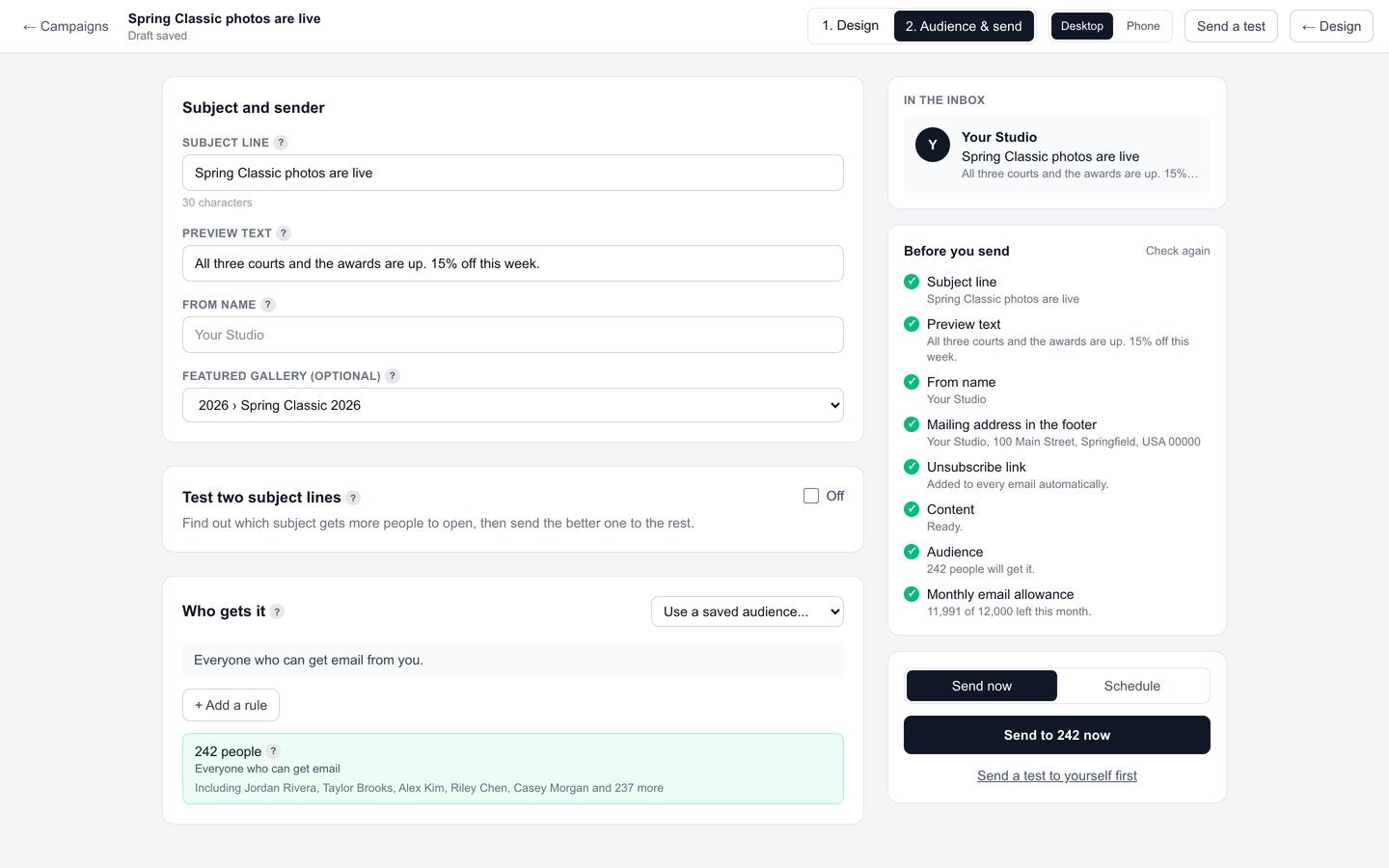 Audience and send: subject line, preview text, from name, featured gallery, the subject test, who gets it, the inbox preview, the checklist and Send now