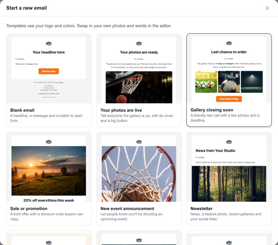 Start a new email: templates such as Blank email, Your photos are live, Gallery closing soon, Sale or promotion, New event announcement and Newsletter