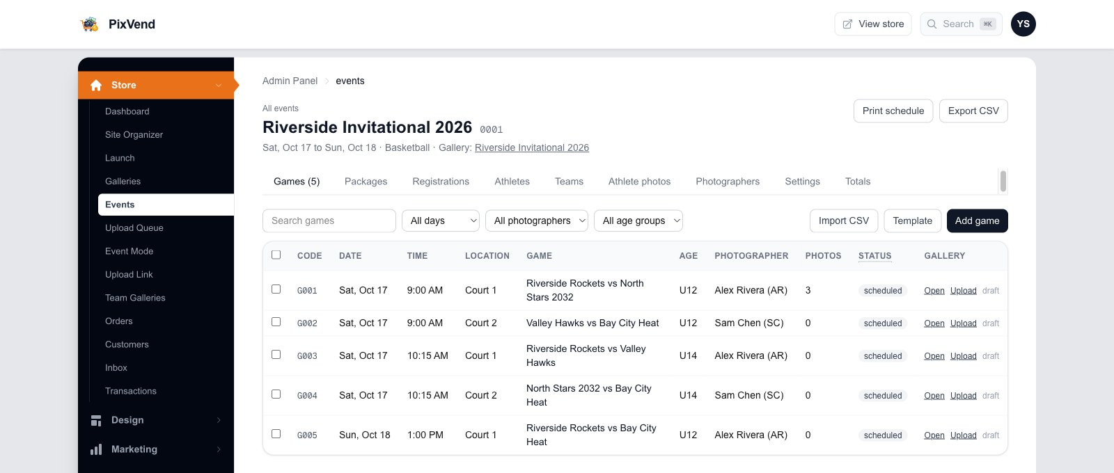 The event's Games tab: five games, each with its photographer, photo count and its own gallery with Open and Upload links