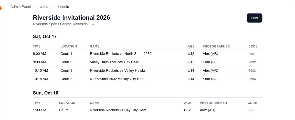 The printable schedule for Riverside Invitational 2026, grouped by day, with each game's photographer
