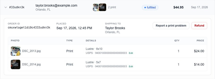 An open print order: shipping address, Report a print problem and Refund, and each print with its size, paper and tracking number