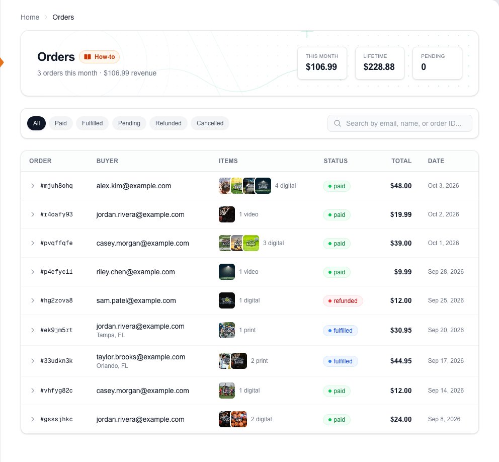 The Orders page: this month, lifetime and pending totals, status filters, a search box, and the list of orders with buyer, items, status, total and date