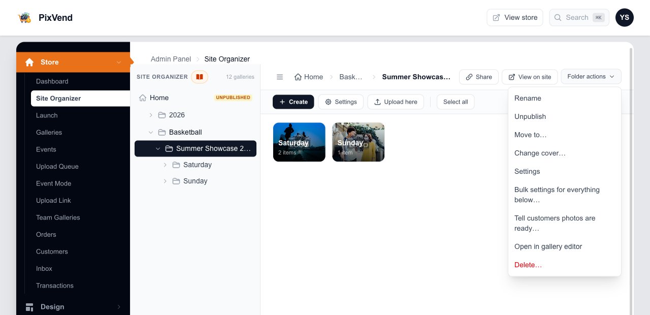 The Folder actions menu: Rename, Unpublish, Move to, Change cover, Settings, Bulk settings, Tell customers photos are ready, Open in gallery editor, Delete