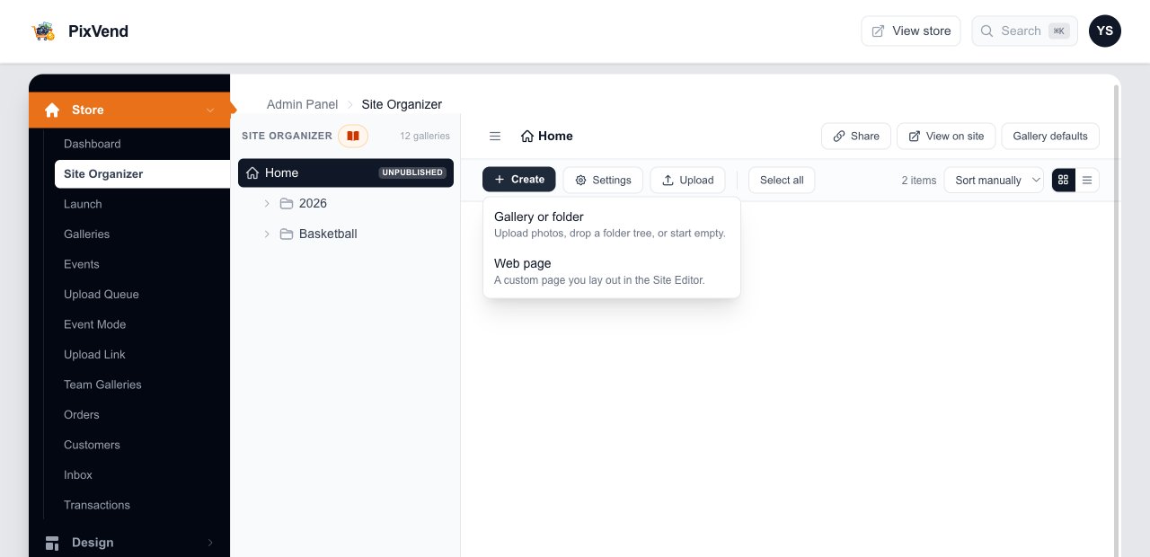 The Create menu in the Site Organizer with Gallery or folder and Web page