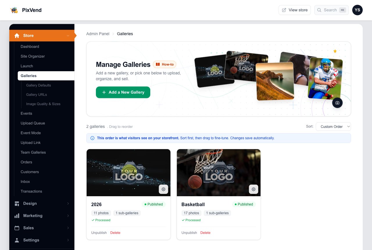 The Galleries page with a Sort menu and cards you drag to reorder