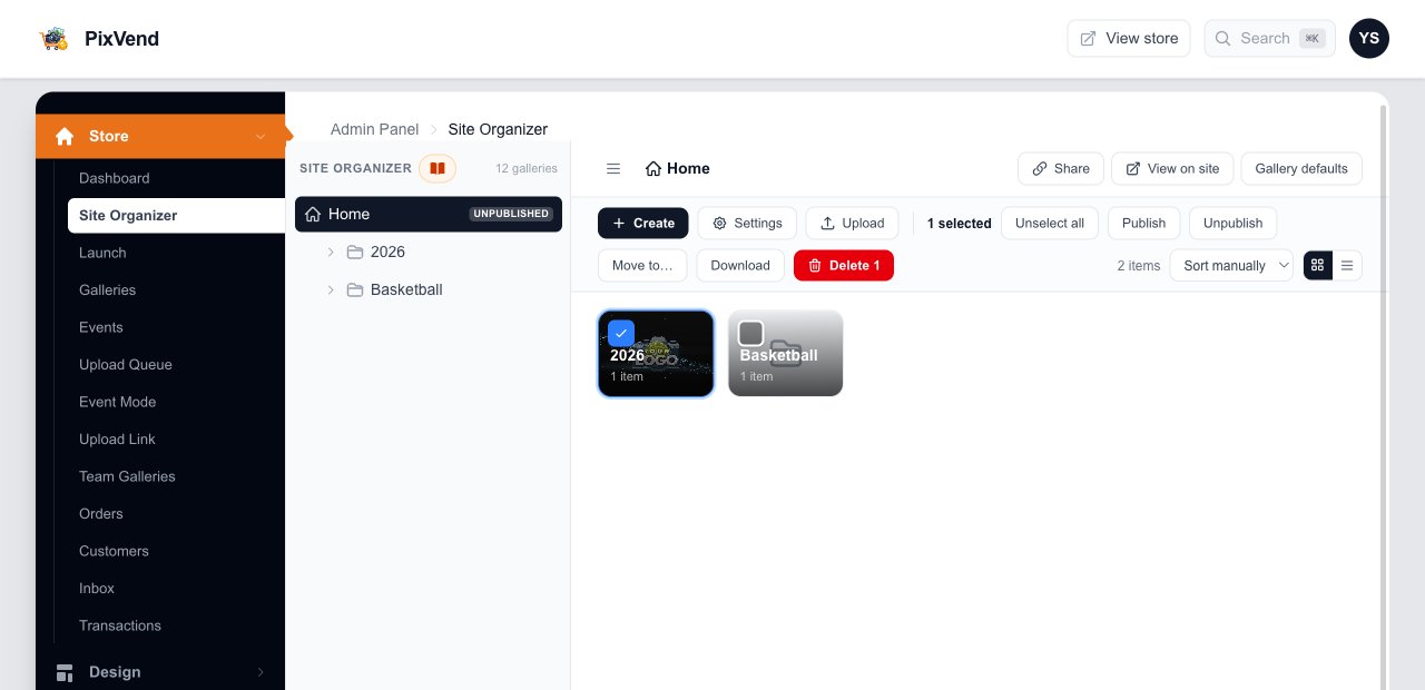 One gallery selected in the Site Organizer, with Publish, Unpublish, Move to, Download and Delete buttons