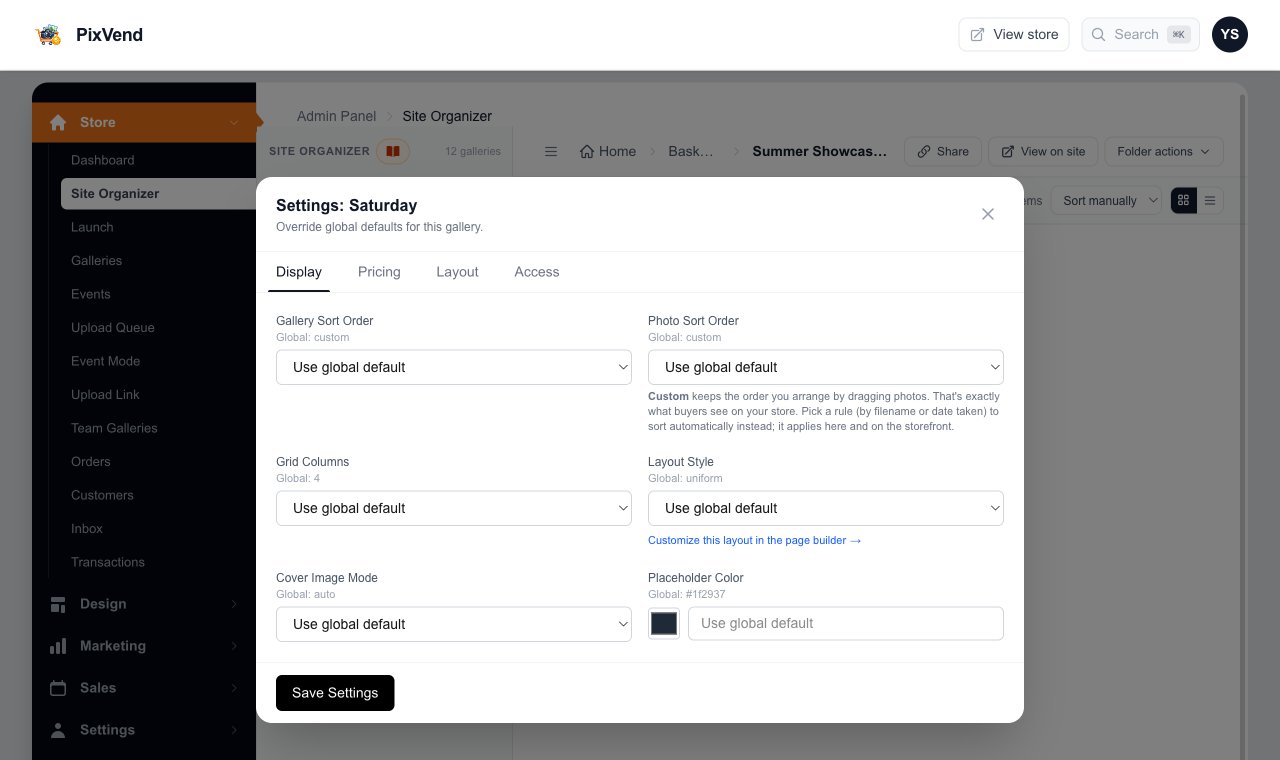 The settings window for one gallery with Display, Pricing, Layout and Access tabs