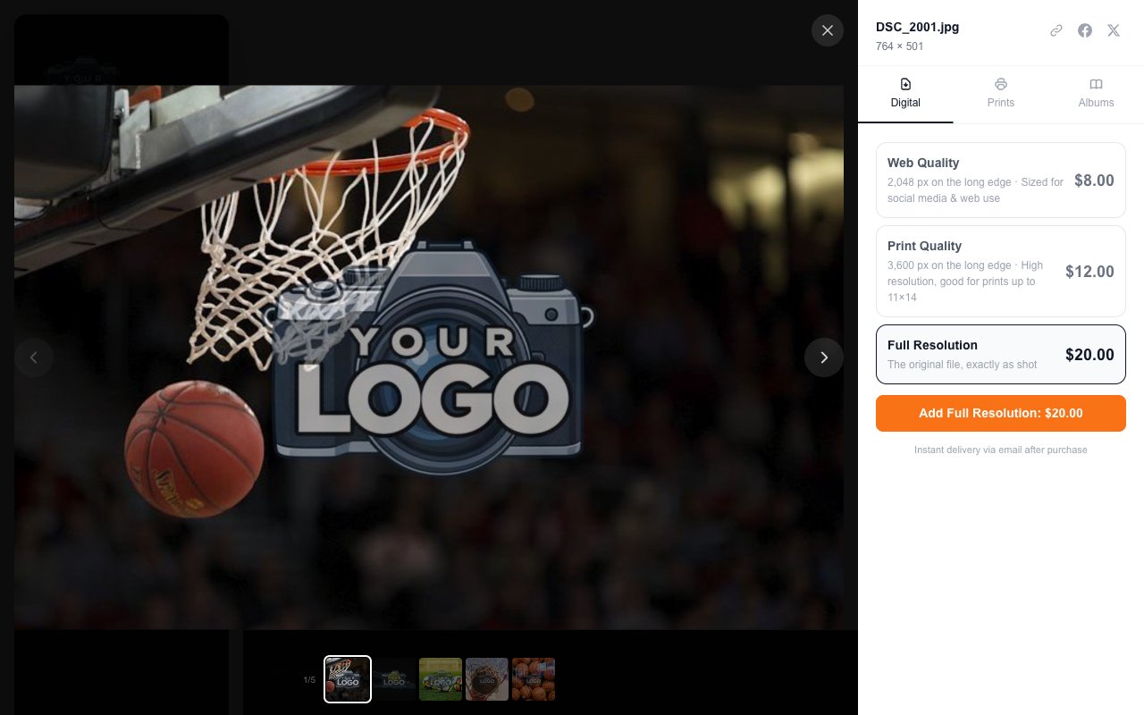 A buyer choosing between Web Quality $8, Print Quality $12 and Full Resolution $20