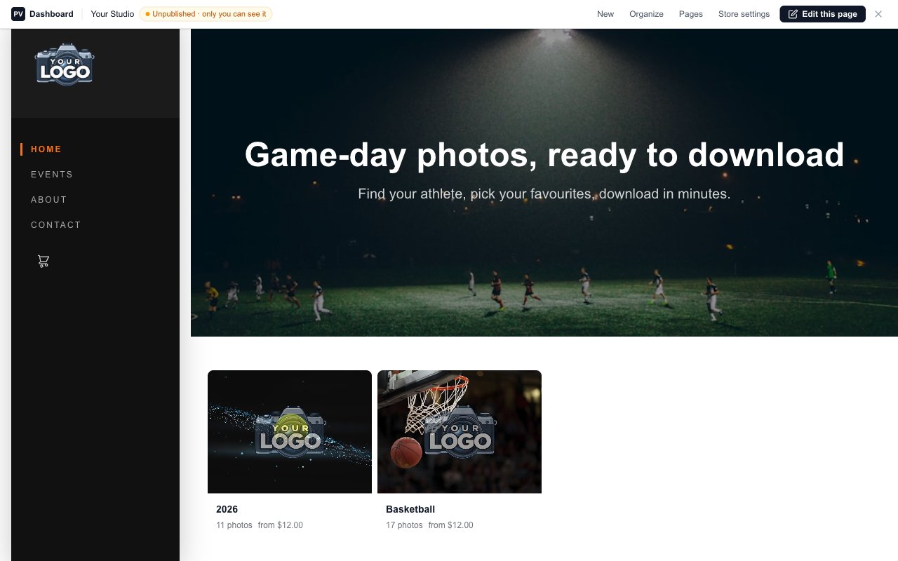 The published homepage: a full-width photo hero with a headline, and the store's galleries below it