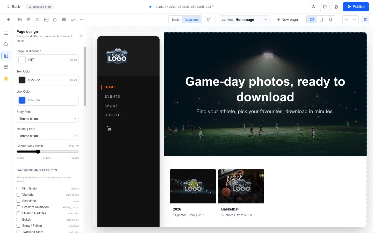 The Page design panel in the Site Editor: colours, fonts, page width and background effects