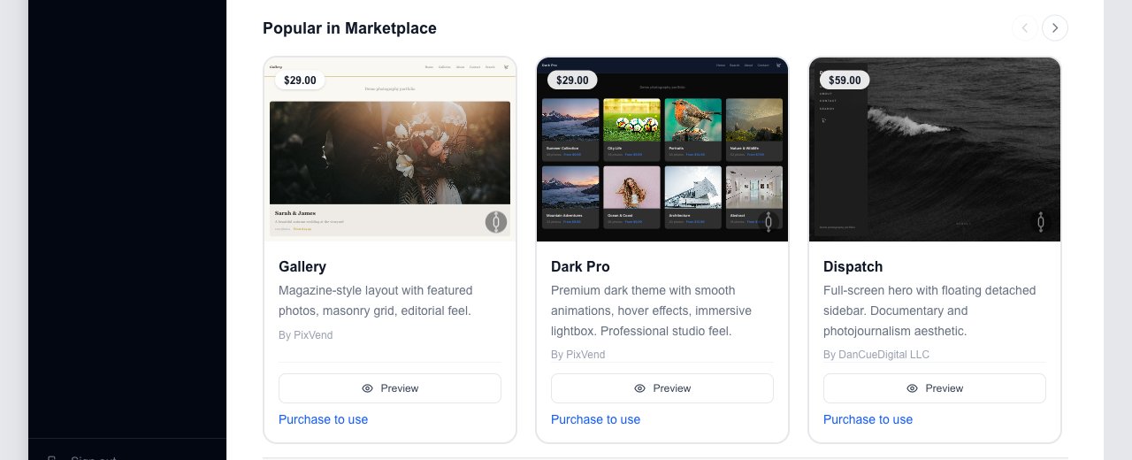 Popular in Marketplace: paid themes with their price, Preview and Purchase to use