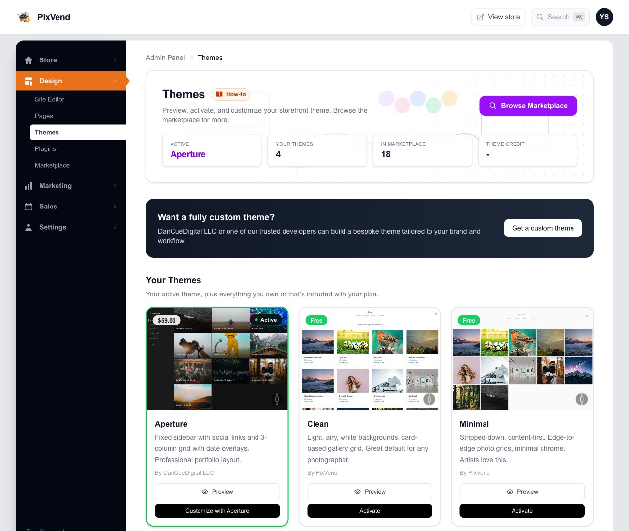 The Themes page: the active theme, Browse Marketplace, and theme cards with Preview, Customize and Activate buttons