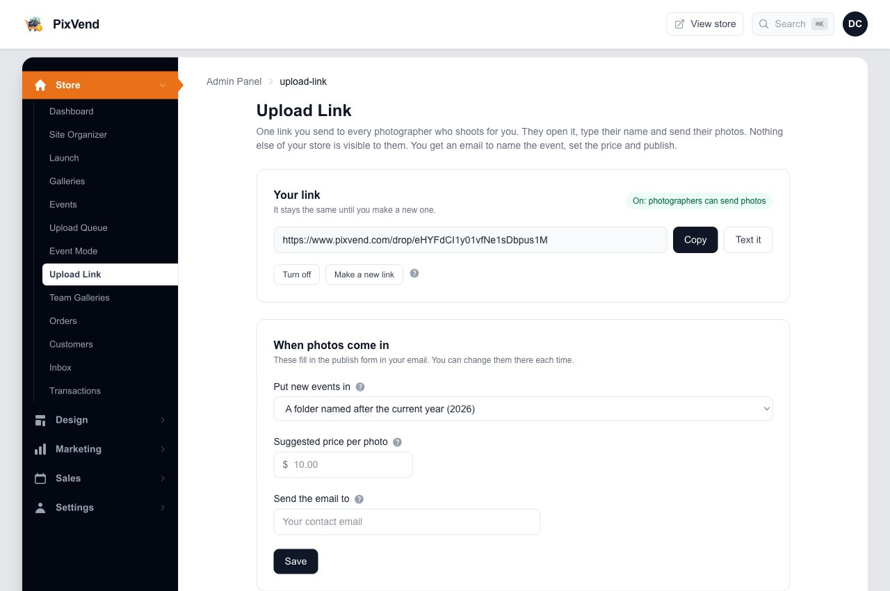 The Upload Link page in the PixVend dashboard, with the link, Copy and Text it buttons, and the settings for new photos