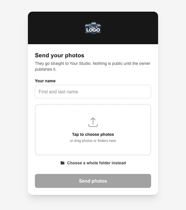 The upload page a photographer sees: the store logo, a name box and an upload box