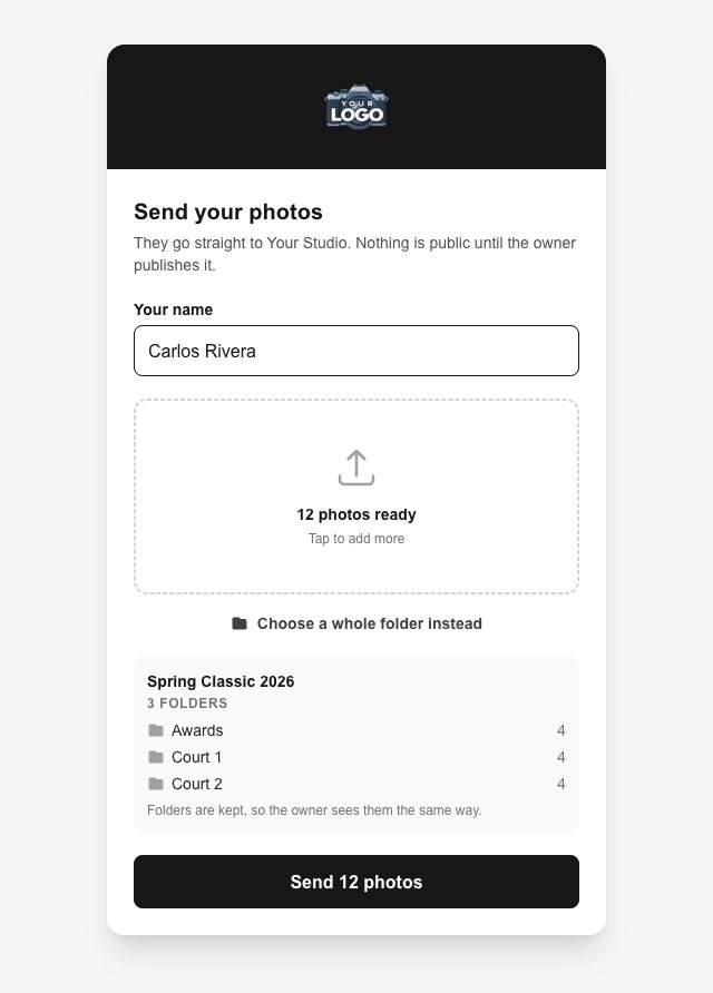 The upload page with a name typed and a folder of 12 photos in 3 folders ready to send