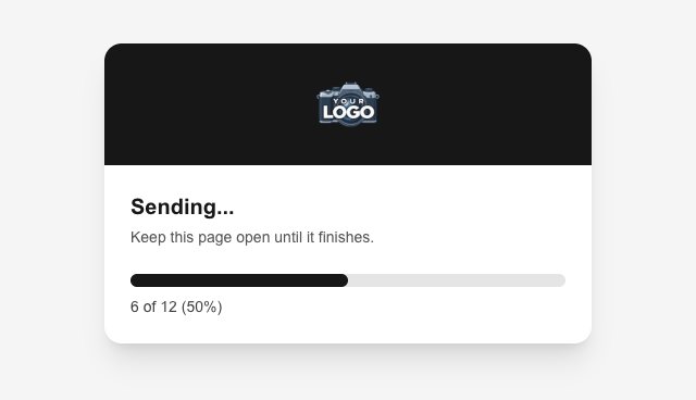 The upload page sending photos, with a progress bar
