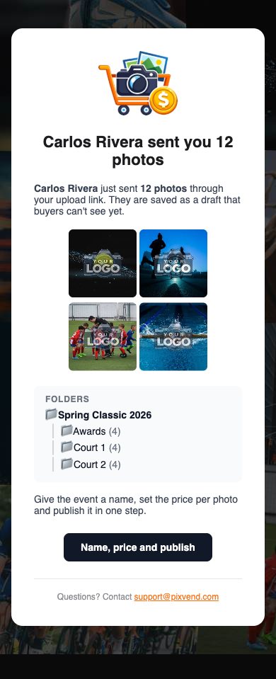 The email the owner gets: Carlos Rivera sent you 12 photos, with previews and the folders
