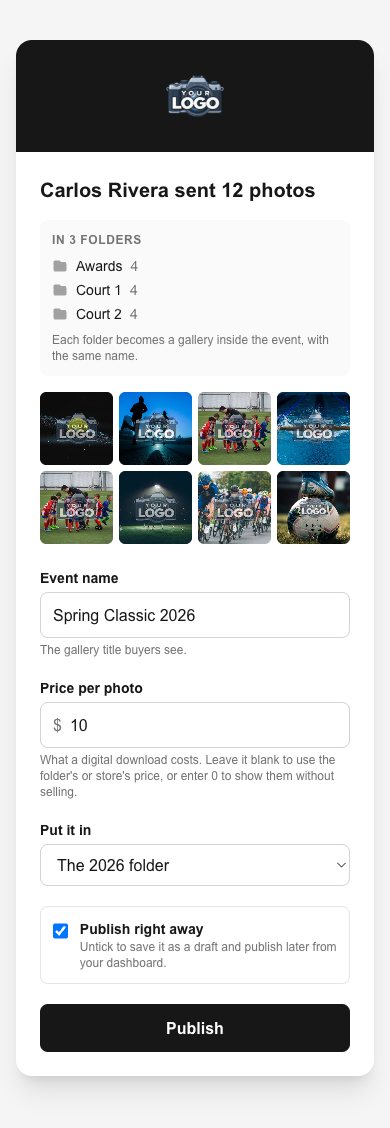 The publish form: the folders, photo previews, event name, price per photo, folder and Publish right away