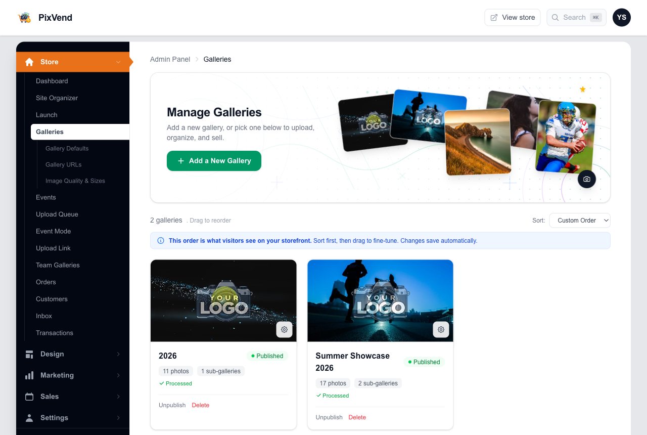 The Galleries page showing the new Summer Showcase 2026 gallery, published, with 17 photos in 2 sub-galleries