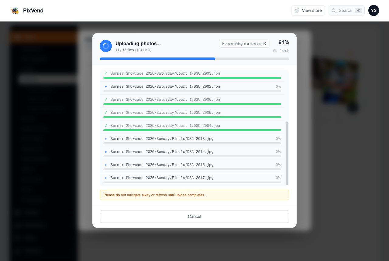 Photos uploading, 11 of 18 files at 61 percent, with a Keep working in a new tab button