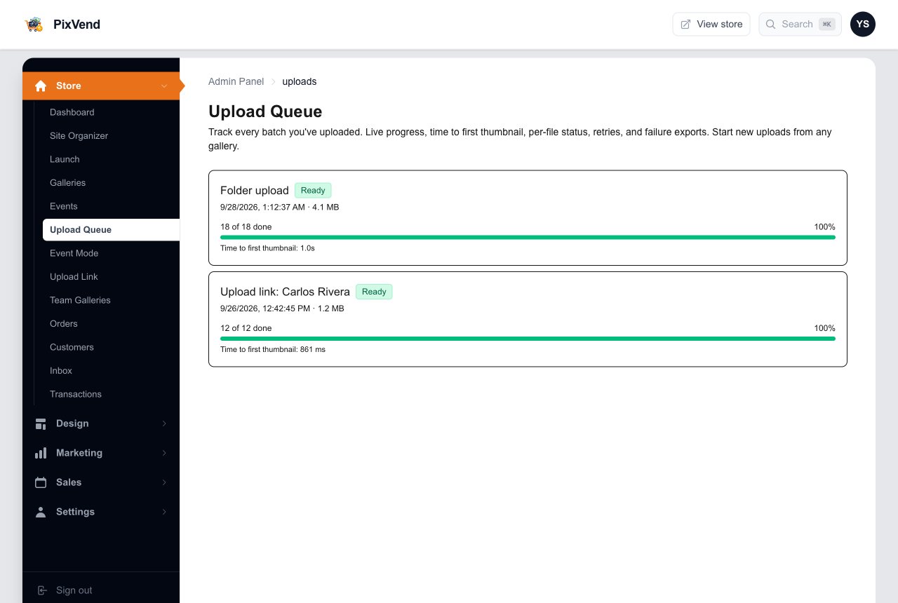 The Upload Queue page listing each upload with its progress and status