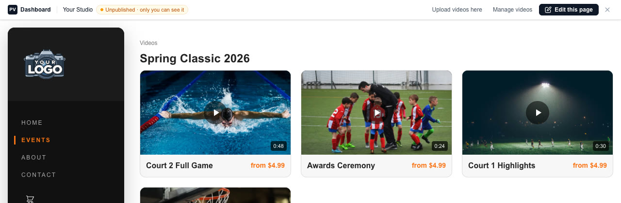 The store's Videos page while signed in, with the owner bar showing Upload videos here and Manage videos