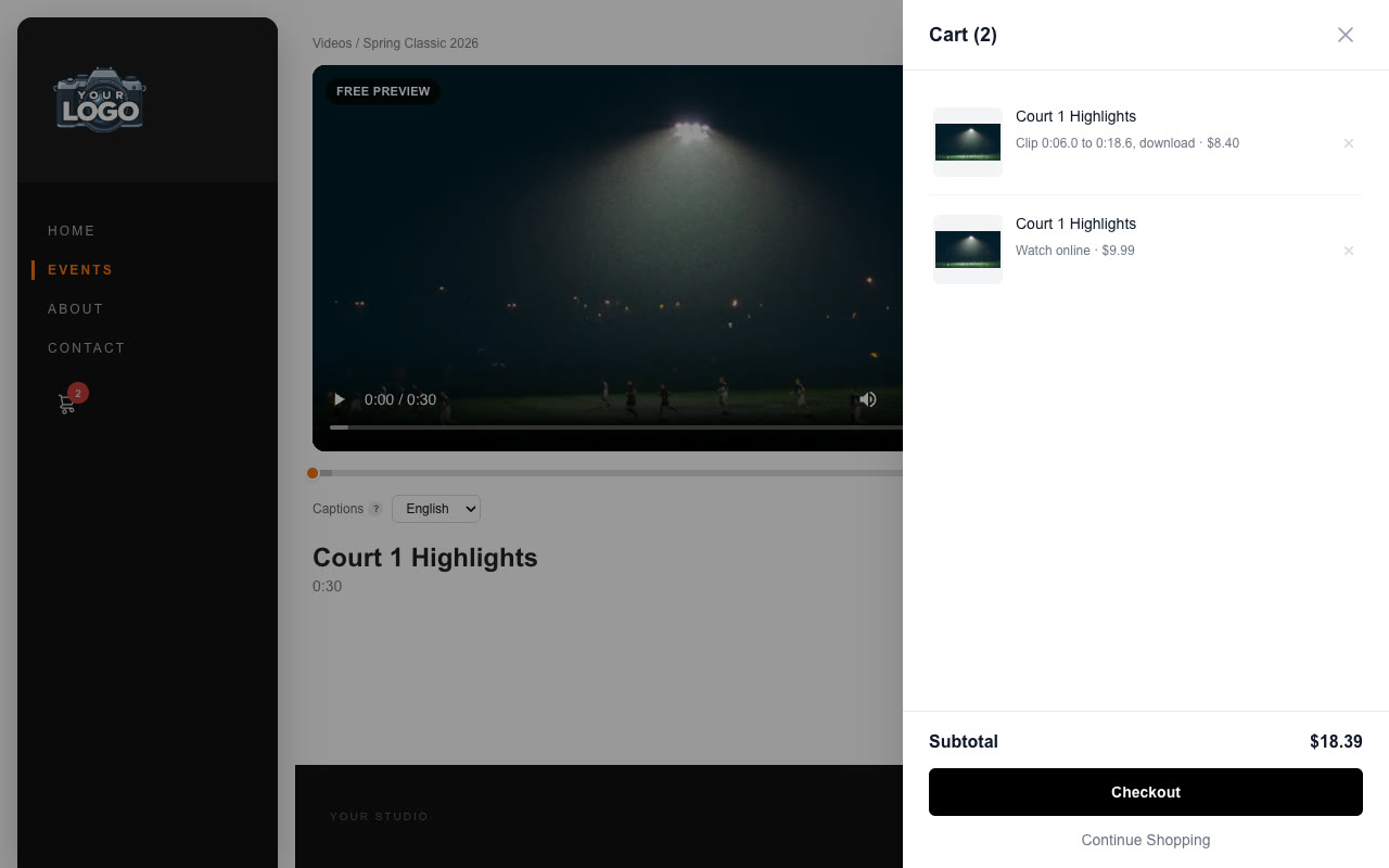 The cart with a clip download and a watch-online video, subtotal $18.39, and Checkout