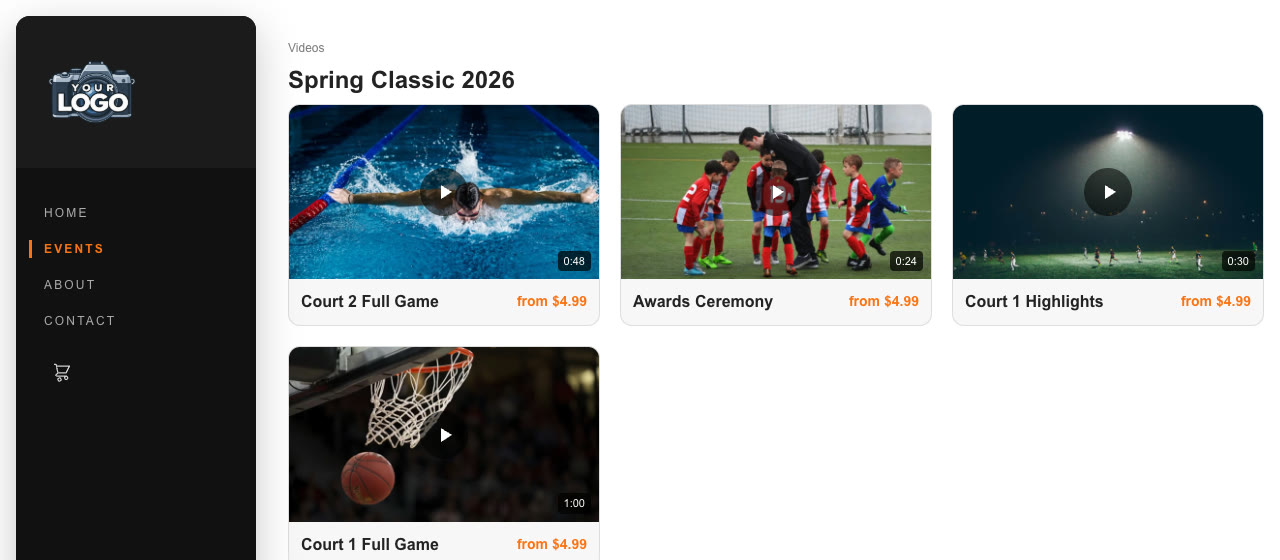 The store's Spring Classic 2026 video folder, with four videos, their lengths and starting prices