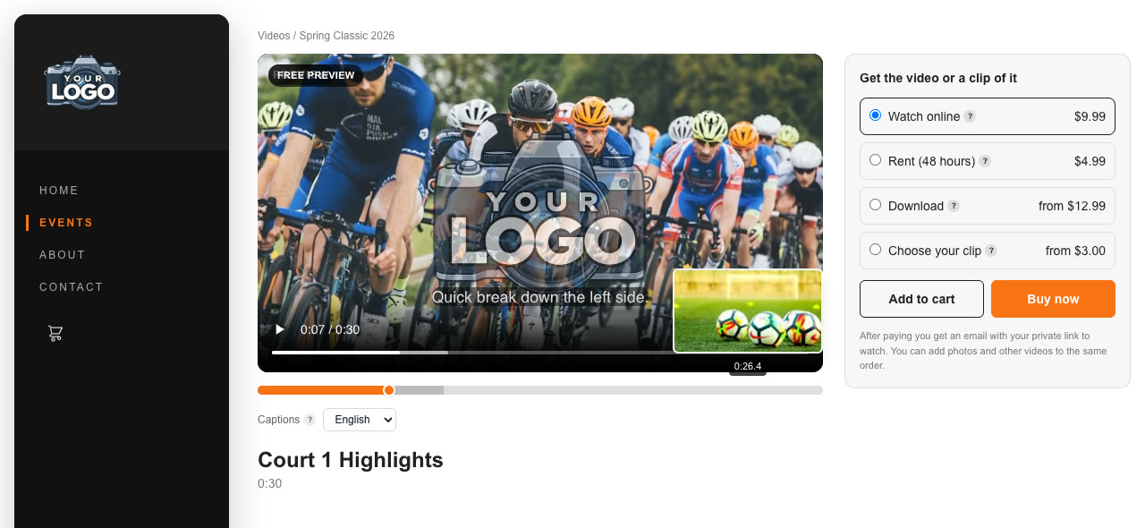 A video page on the store: the watermarked free preview with English captions and a scrub thumbnail, and the buying options on the right