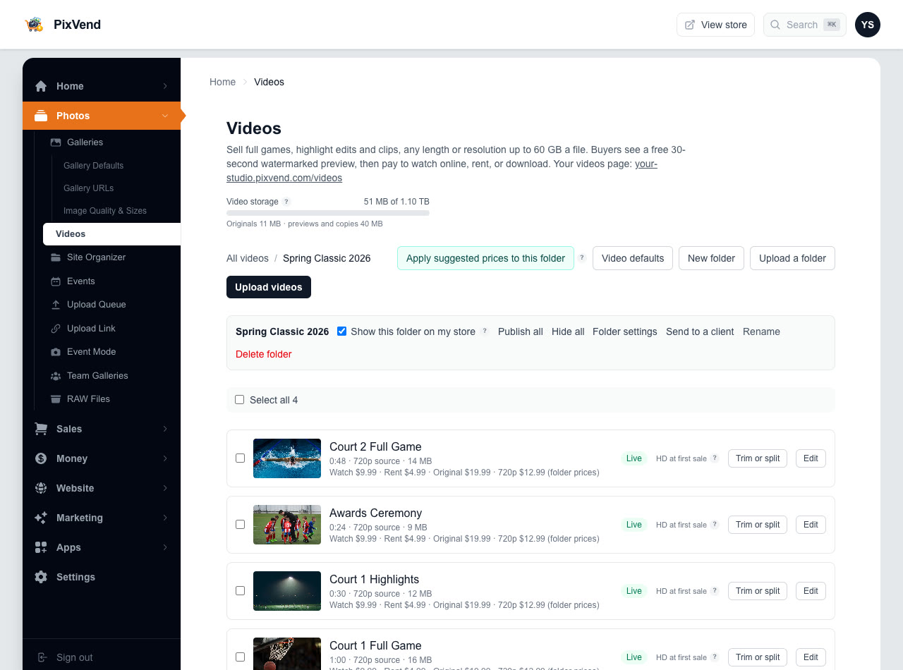 The Videos page in the dashboard: the storage meter, the upload buttons, the Spring Classic 2026 folder bar and four live videos with their prices