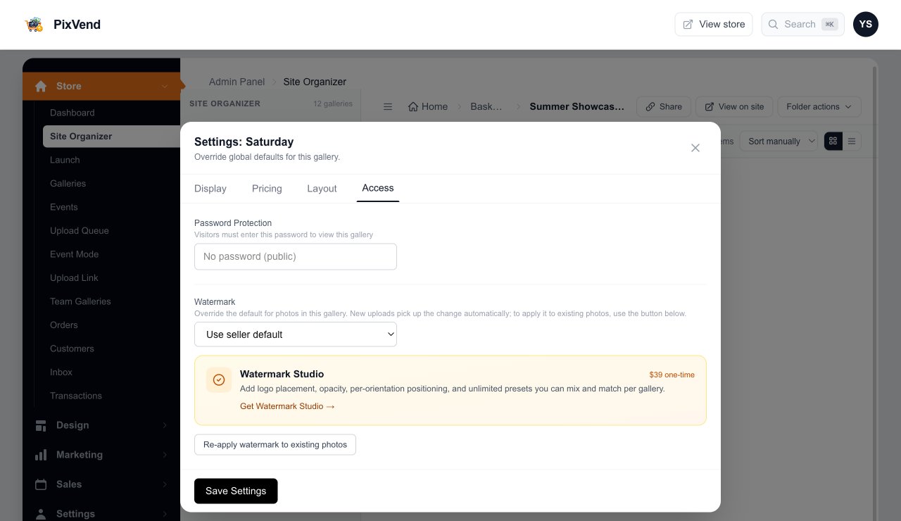 A gallery's Settings, Access tab, with the Watermark choice and a Re-apply watermark to existing photos button