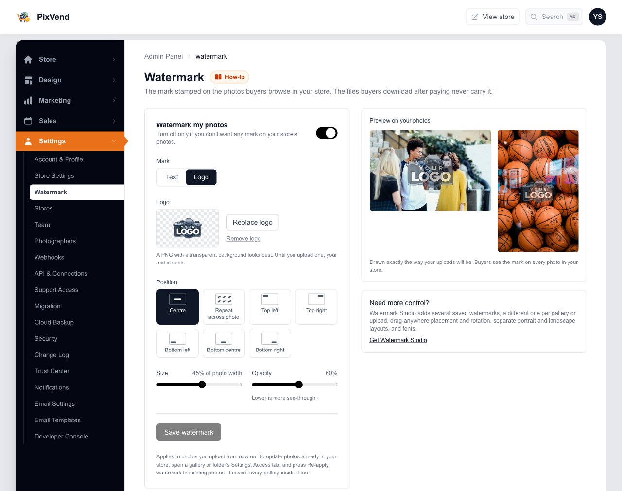 The Watermark page: an on/off switch, text or logo, logo upload, position, size, opacity and a live preview on two photos